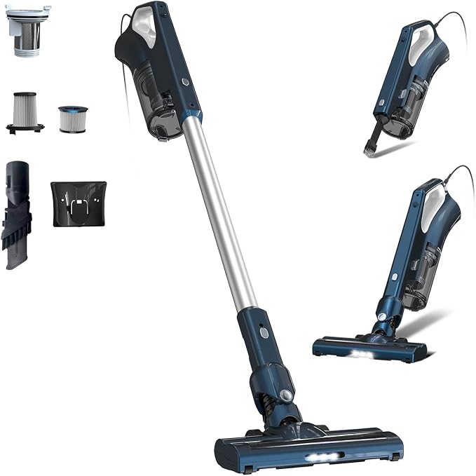 Corded Vacuum Cleaners For Home, 500W Powerful Suction With Dual HEPA Filters, LED Lights & 16.7ft Power Cord, One-Touch Release Dust Cup, Converts To Handheld Vacuum For Pet Hair Hard Floor (VA002)