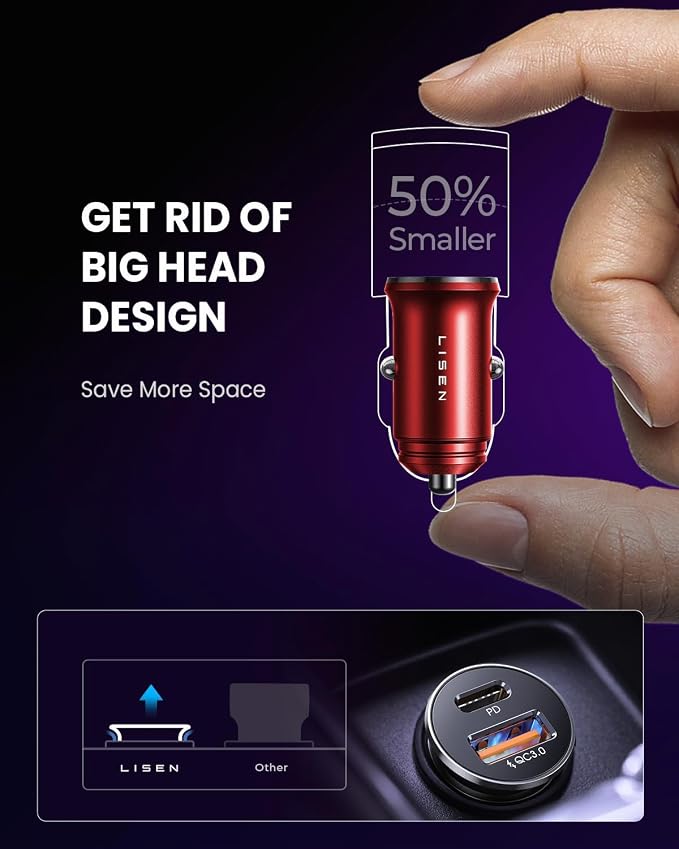 LISEN 2-Pack USB C Car Charger Adapter Fast Charge, 48W All Metal Cigarette Lighter USB Charger for iPhone 15 Smallest Flush Car Charger USB C for iPhone 14 Pro Max 13 12 Galaxy S23/22 iPad Pro-Red | Cigarette Lighter USB Charger, Car Accessories for M...