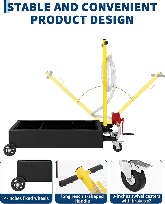 Garvee Oil Drain Pan, 15 Gallon Waste Oil Drain Pan for Oil Change, Steel,8-8.2 ft Hose& Folding Handle&Rolling Cart, Heavy Duty for Trucks,Manual,Black