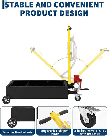 Garvee Oil Drain Pan, 15 Gallon Waste Oil Drain Pan for Oil Change, Steel,8-8.2 ft Hose& Folding Handle&Rolling Cart, Heavy Duty for Trucks,Manual,Black