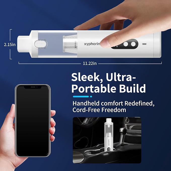 Handheld Car Vacuum Portable Cordless, 16000Pa 5 in 1 Multifunctional Mini Vacuum Cleaner and Air Duster, Rechargeable LED Flashlight with Window Hammer for Car, Pet, Kitchen, House
