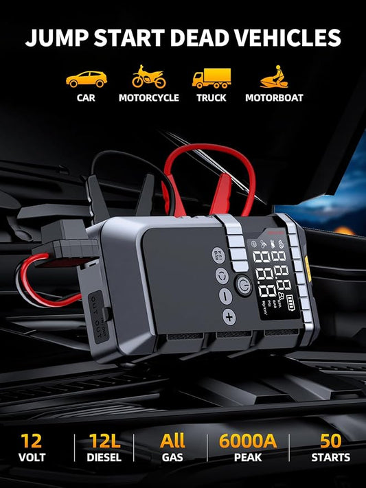 Jump Starter with Air Compressor, Battery Jumper Starter Portable,12V Jump Box with 160PSI Tire Inflator for Car Battery, LED Display for All Gas & 12L Diesel Engines, LED Light, Jumper Cables
