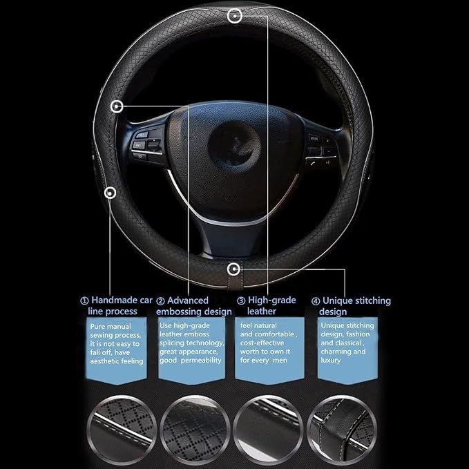 ESEWALAS Universal Car Steering Wheel Cover,Anti-Slip Leather Steering Wheel Cover,Sports Style Steering Wheel Protector,Car Interior Accessories Auto Steering Wheel (Black with White)