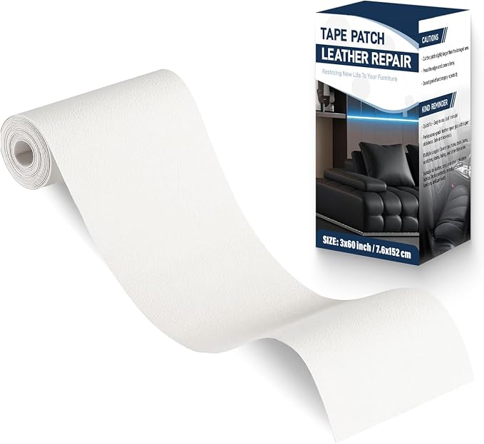 Zenyao Leather Repair Patch Tape - Self Adhesive Leather Repair Kit for Car Seat Furniture, Heavy Duty Vinyl Repair Patch for Couch Sofa, Waterproof for Rips Scratches Tears, 3x60 Inch Roll, White