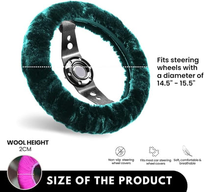 Andalus Brands Luxury Fluffy Car Steering Wheel Covers – Genuine Merino Sheepskin, Soft Fuzzy Car Steering Wheel Cover for Women, Universal 14.5-15" Size, Plush Fur Cute Auto Accessories, Alpine Green