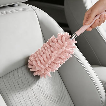 Zpana 2PCS Car Interior Duster with Extension Pole, Soft Chenille Retractable Washable Dash Detailing Cleaner, Auto Window Cleaning Brush Duster for Interior Exterior, Universal Fit (Pink)