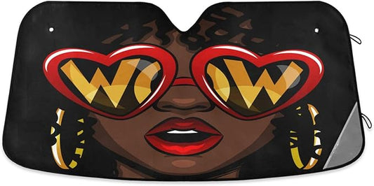 Afro American Woman Windshield Sun Shade,Foldable Car Sun Shade for Front Windshield Sunshades Protector Blocks UV Rays Sun Visor Protect and Cool Your Vehicle Interior,53" x 23.5 "