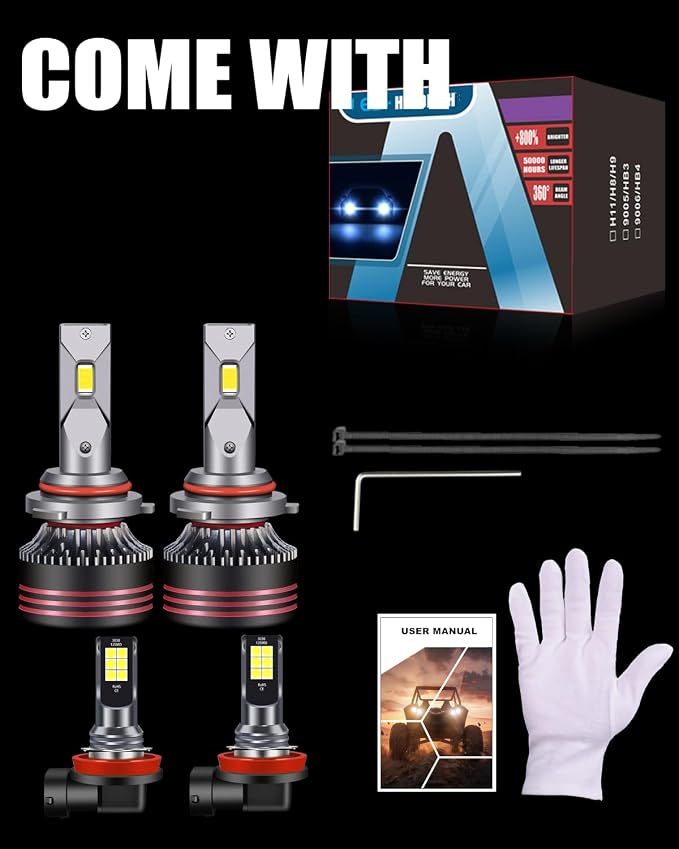 2011-2015 Ford Explorer Light Bulbs&Fog Lights Combo 6000K 40000LM | 9005 Hi-Lo Beam, H11 Foglights, 800%+ Brighter, Pure White, Powersports/Offroad Bulb, 1:1 Replacement, Plug-N-Play, 4-Pack