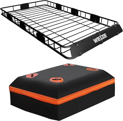 WEIZE Heavy Duty 64"x 39" Roof Rack, Rooftop Cargo Carrier Basket with Waterproof Bag, Tie Down Strap & Net, Car Top Luggage Holder for SUV, 150lb Capacity, Steel Construction