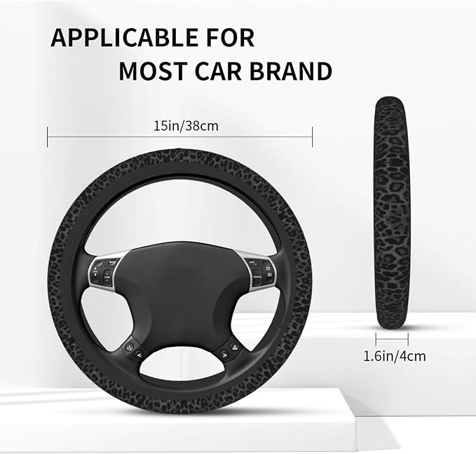 Leopard Steering Wheel Covers Non Slip Neoprene Steering Wheel Protector Cover Universal 15 Inch for Men Women (Black Green Grey)