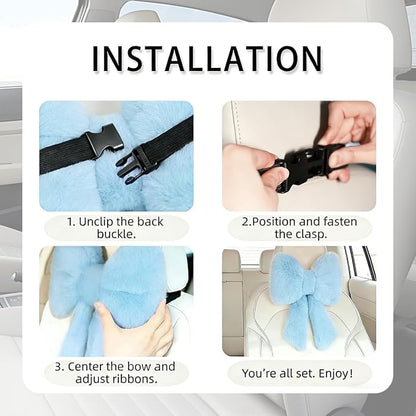Sexysamba 2 Pcs Plush Bow Car Headrest Neck Pillow Cute Bow Pillow for Car Seat Décor Soft Neck Support for Comfortable Driving Traveling Office Fluffy Head Rest Cushion, Blue