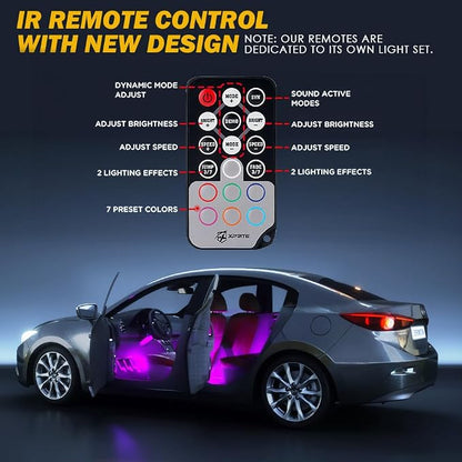 Xprite RGB LED Car Interior Bluetooth USB Light Strip, w/Wireless Remote and APP Control,4 PCS Under Dash Footwell Ambient Lights Kits, DIY Music Mode Universal for Vehicle Internal, SUV, Trucks
