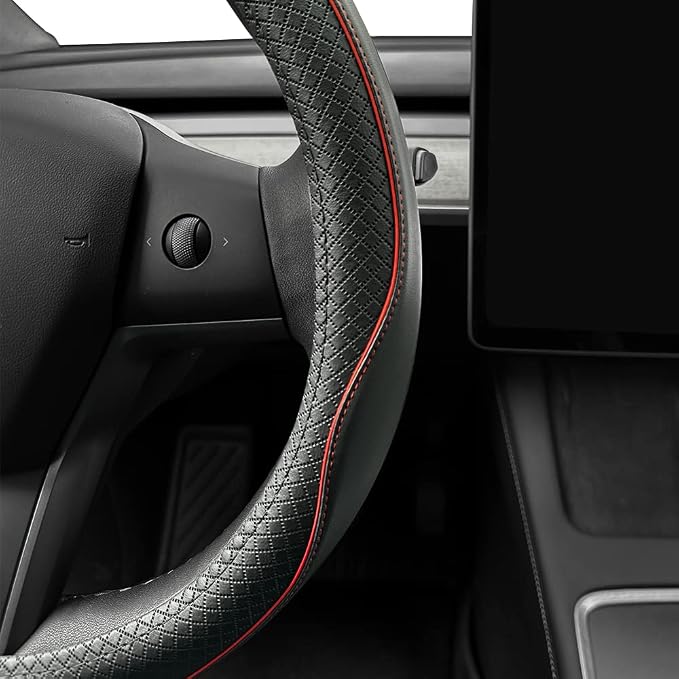 LKWLIKEI Nappa Leather Ultra-Thin Steering Wheel Cover, for Tesla Model 3/Y Steering Wheel Cover, Non-Slip Design and Interior Modification of car Accessories （Black and Red）