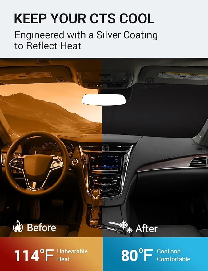 Proadsy 2026 Upgrade Windshield Sun Shade Custom Fit 2014-2019 Cadillac CTS Foldable Front Sunshade Protector Sun Visor Blocks UV Rays Keep Car Cooler