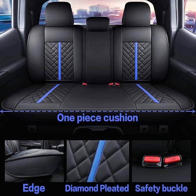 Tomatoman Tacoma Rear Seat Covers 2005-2024 2025 2026 TRD Sport Offroad Limited SR5 V6 Crew Double Extended Cab Truck Back Car Cushions with Waterproof Faux Leather (Rear Seat/Black-Blue)