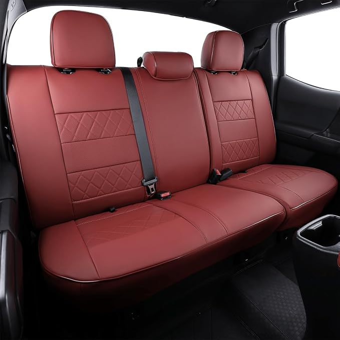 EKR Custom Fit Tacoma Rear Car Seat Covers for Toyota Tacoma (Petrol) 2024 2025 2026 Double cab SR/SR5/TRD Sport/TRD Off-Road/Limited - Second Row Only,Faux Leather(Burgundy)
