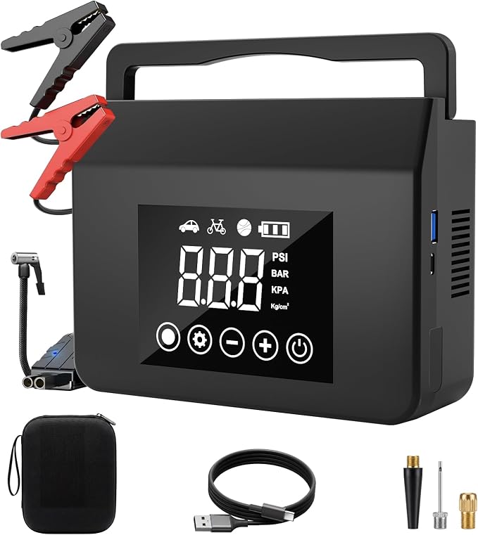 Jump Starter with Air Compressor, 4000A Car Battery Jump Starter(ALL Gas/8.0L Diesel) with 150PSI Tire Inflator 12V Car Battery Jump Power, 15000mAh PowerBank With LED Light, with Type-C Quick Charge.