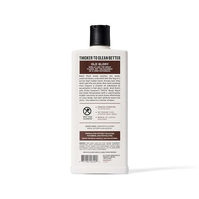 Duke Cannon Supply Co. Thick High Viscosity Body Wash – 3X Thicker, Cleansing Shower and Bath Gel, Mineral-Enriched for Men – Tobacco Leaf + Leather - Men’s Body Scrub – Old Glory Scent
