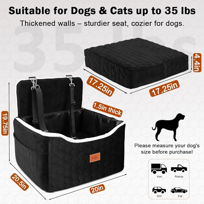 SZEE Dog Car Seat for Small/Medium Sized Dogs up to 35 lbs, Dog Booster Car Seat with Detachable Protective Leather Cover, Save Cleaning Effort, Reclinable Backrest (Black)