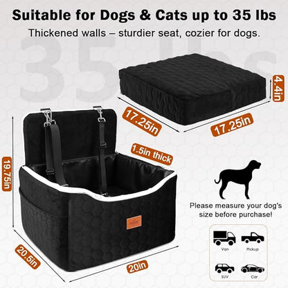 SZEE Dog Car Seat for Small/Medium Sized Dogs up to 35 lbs, Dog Booster Car Seat with Detachable Protective Leather Cover, Save Cleaning Effort, Reclinable Backrest (Black)