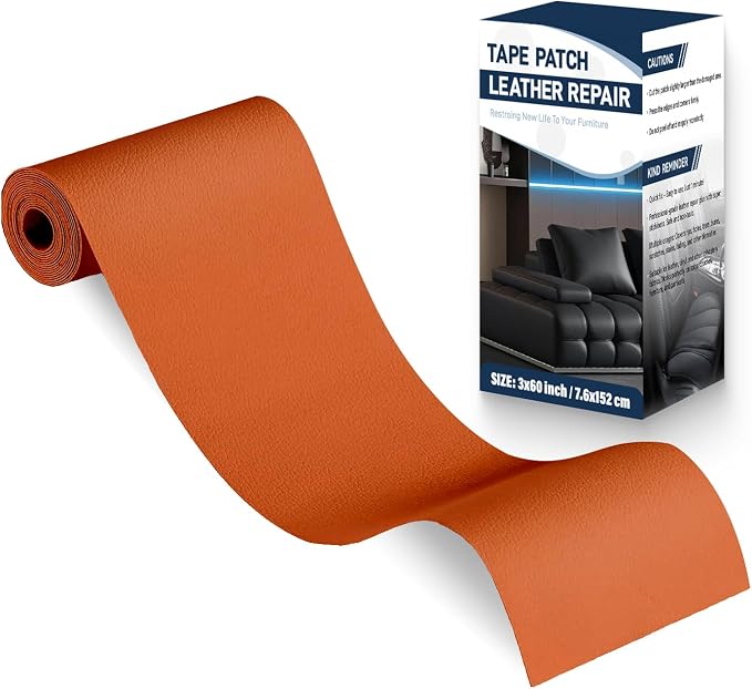 Zenyao Leather Repair Patch Tape - Self Adhesive Leather Repair Kit for Car Seat Furniture, Heavy Duty Vinyl Repair Patch for Couch Sofa, Waterproof for Rips Scratches Tears, 3x60 Inch Roll, Orange