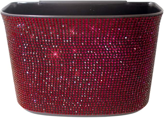 Bling Crystal Car Trash Can Auto Hanging Car Trash Can Sparkling Storage Holder Litter Container for Vehicle Office Home (Red)