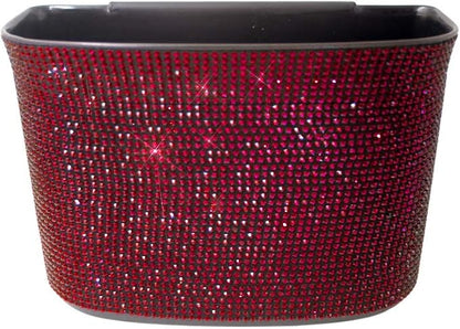 Bling Crystal Car Trash Can Auto Hanging Car Trash Can Sparkling Storage Holder Litter Container for Vehicle Office Home (Red)