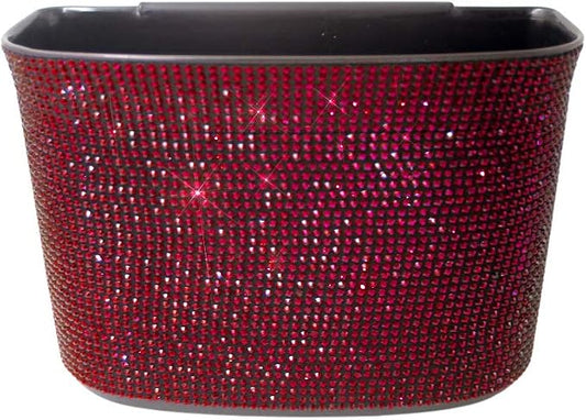 Bling Crystal Car Trash Can Auto Hanging Car Trash Can Sparkling Storage Holder Litter Container for Vehicle Office Home (Red)