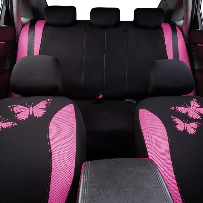 Flying Banner Butterfly car seat Covers ful Set Fashion Universal Lady Woman Female Rear Bench Split Colorized (Full Set, Pink)