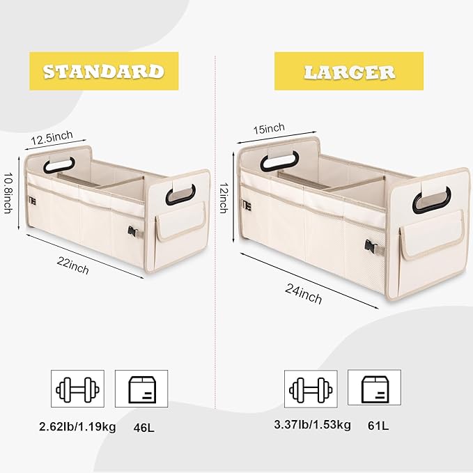 JiatuA Car Trunk Organizer, Car Organizers and Storage Collapsible Multi Compartment Container Box, Adjustable Car Accessories for SUV Sedan Truck, Large Size, Beige