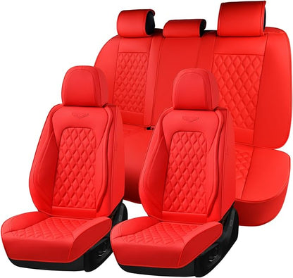 Coverado Full Set Car Seat Covers, 5-Seat Universal Faux Leather Waterproof Seat Covers, Front & Back Car Seat Protectors, Red Leather Seat Covers Fit for Most Vehicles-Red
