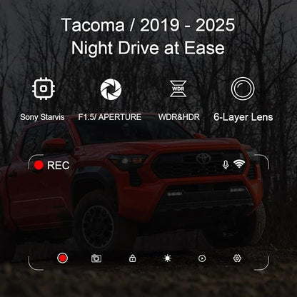 4K Dash Cam Suitable for Toyota Tacoma 2024-2025 SR SR5 TRD Sport Pre-Runner Off Road Limited & Tacoma Hybrid, OEM Look, UHD 2160P Video, WiFi & APP, Loop Recording, Plug&Play, 128GB (F10pro)