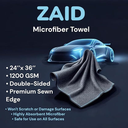 ZAID Car Drying Towel 1200 GSM Microfiber Double Twist Pile & Edgeless Design, 1 Quick & Effortless Dry - 24” x 36”