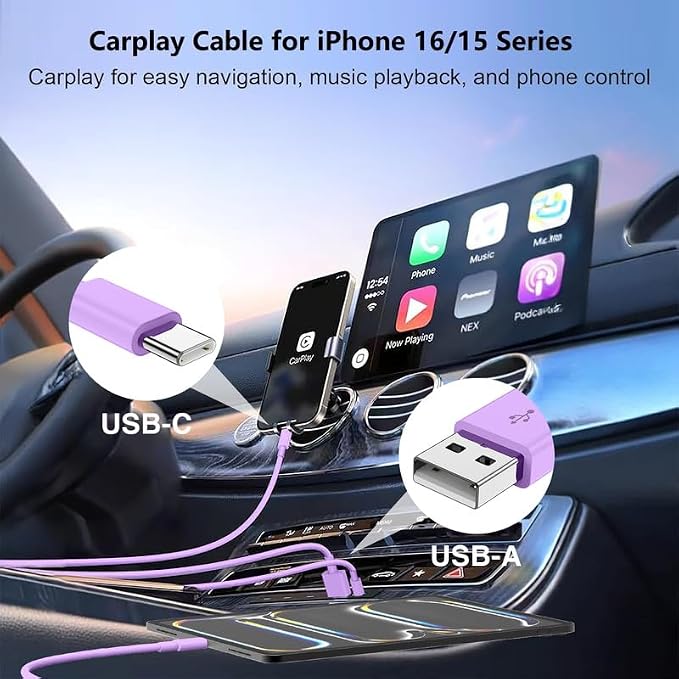 USB C Car Charger for iPhone 17 16 15 Pro Max,40W Dual Port USB-C & USB-A Car Fast Charging Adapter, 2X3FT C to C Cable & A to C Carplay Cable for iPhone 17 16 15 Series/iPhone Air,iPad,Samsung-Purple