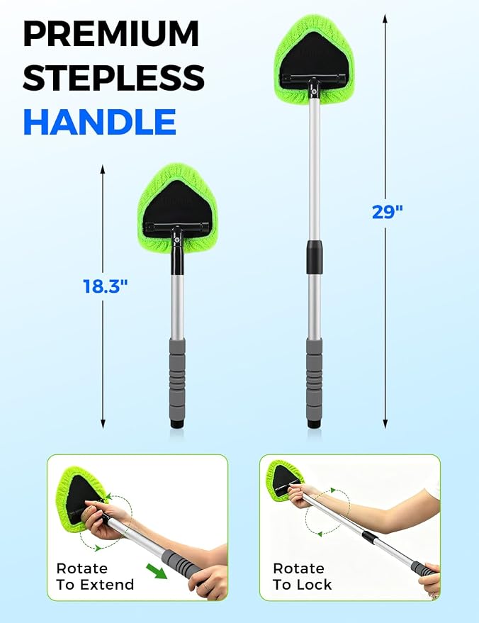 XINDELL 29-inch Windshield Cleaner Tool – Car Interior Window Cleaning Kit with Extended Long Handle & 4 Microfiber Pads, Auto Wiper Windshield Brush for Car, Trucks, SUVs, RVs & Home