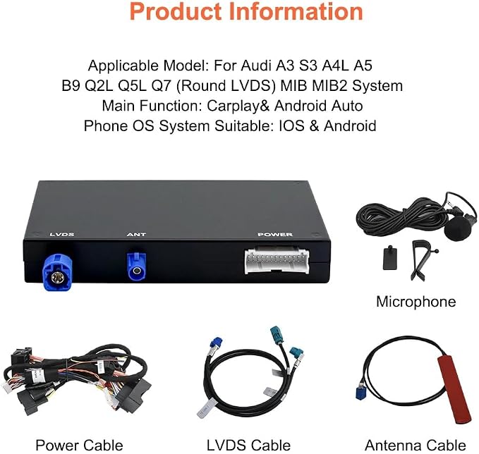 Wireless Carplay Android Auto Adapter for Audi A3 A4 A5 S3 B9 Q7 2014-2018 | MIB/MIB2 Retrofit Kit with Navigation, Music, Siri, OEM Knob Control, Camera Input