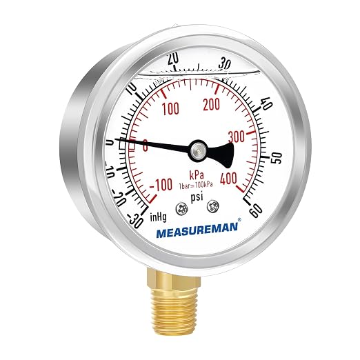 MEASUREMAN 2-1/2" Dial Size, Glycerin Filled Pressure Gauge, 30inHG-60psi, 304 Stainless Steel Case, 1/4" NPT Lower Mount