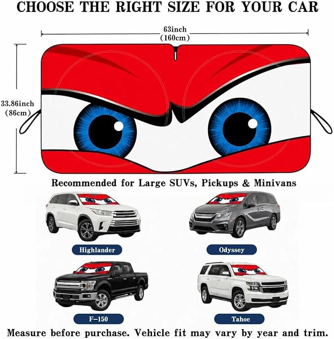 Car Windshield Sun Shade, Funny Cartoon Eyes Large Foldable Front Window Sunshade, UV Heat Protection Windshield Cover Universal Fits Full-Size Pickup Truck SUV - 63 x 33.86