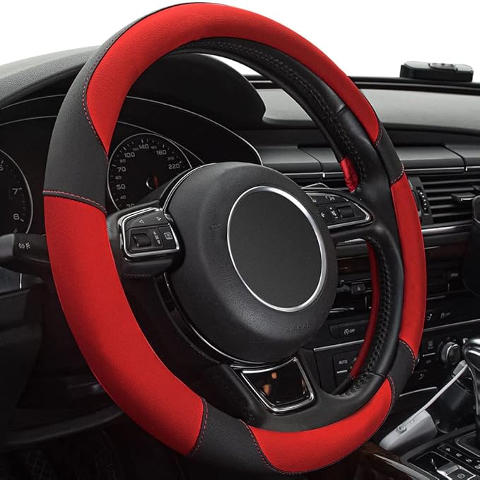 Red Steering Wheel Cover with Microfiber Leather for Car Truck SUV, Anti-Slip Steering Wheel Cover 15 inchs