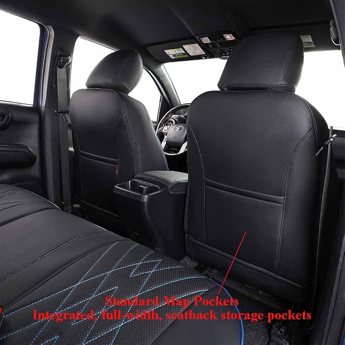 EKR Tacoma Seat Covers Custom Fit for Toyota Tacoma 2016 2017 2018 2019 2020 2021 2022 2023 Double Cab/Crew Cab -Truck Seat Covers for Car Full Set,Faux Leather (Black with Blue Trim)