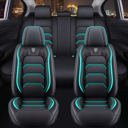 Comfortable Leather Auto Car Seat Covers 5 Seats Full Set Universal Fit (Black & Green)