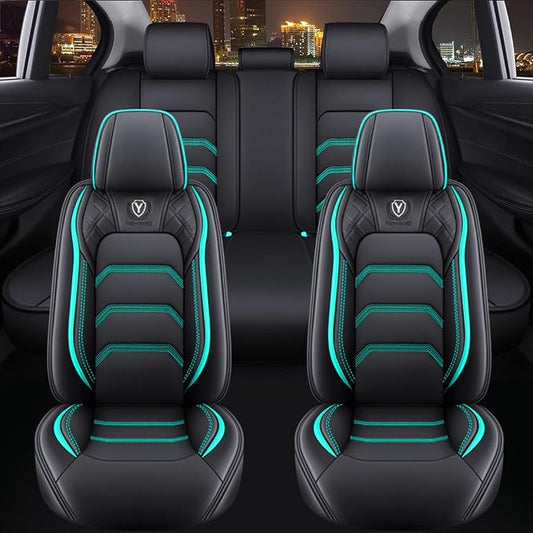 Comfortable Leather Auto Car Seat Covers 5 Seats Full Set Universal Fit (Black & Green)