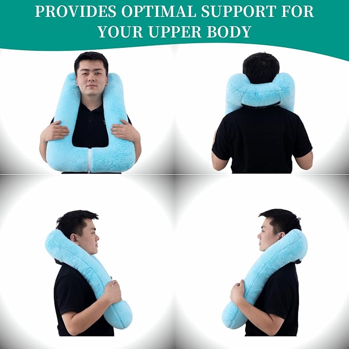 FHSGGP Travel Pillow Upgraded Version of Aircraft Travel Neck Pillow with Storage Bag, Sleep Pillows for Travel by Train, Car, or Plane, Supporting The Head and Body, Travel Pillow for Kids Blue