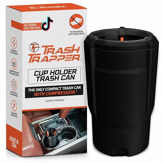 Trash Trapper Car Trash Can Cup Holder | Mini Car Trash Can | Fits in Most Doors | 5.1" x 2.9" | Traps More & Empties Less, Patent-Pending Compaction, Holds Weeks of Small Garbage, Black/Orange