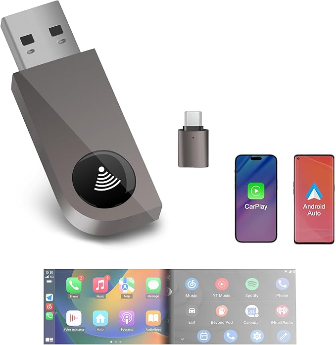 2 in 1 Wireless CarPlay Adapter, Android Auto Plug&Play CarPlay Dongle Converts Wired to Wireless with USB&USB-C/Type-C, Fast Auto-Connect, Stable Control & No Delay, for iOS 10+/Android 11+