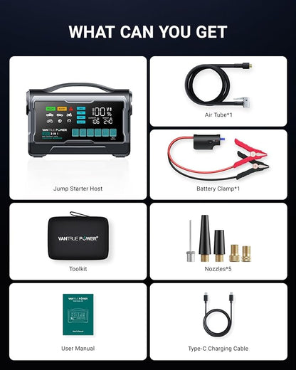 JS2 2500A Jump Starter with 160PSI Air Compressor, 12V Car Battery Booster with Display, Support 65W Charging Power Bank, Nozzles Storage Compartment- for 8L Gas/7L Diesel Engines