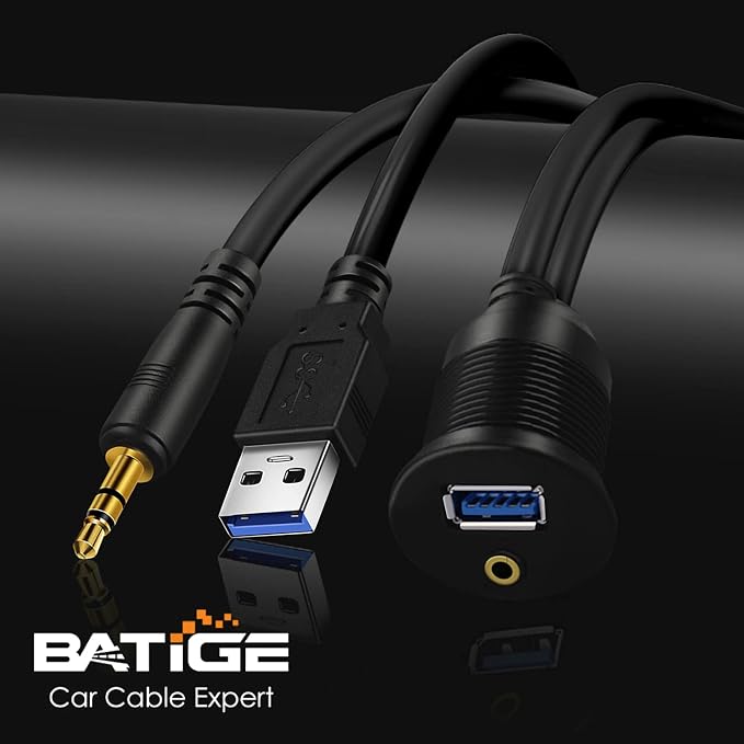 USB 3.0 & 3.5mm Car Mount Flush Cable 3.5mm + USB3.0 AUX Extension Dash Panel Waterproof Mount Cable for Car Boat and Motorcycle 1ft