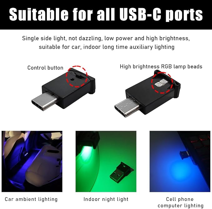 povtii USB Type C LED Ambient Light, Mini 8 Colors RGB LED Light, Adjustable Brightness Interior Atmosphere Lamp for Automotive, Home, Laptop, Lighting Parts Car Accessories