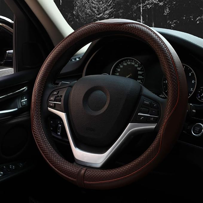 Valleycomfy Steering Wheel Covers Universal 15 inch - Genuine Leather, Breathable, Anti Slip & Odor Free (Coffee, M(14" 1/2-15" 1/4))