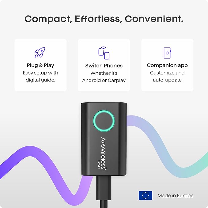 AAWireless TWO+ Compatible with Android Auto & Apple Carplay 2-in-1 Wireless Adapter | Wireless Connection via Bluetooth & WiFi | iPhone X+ & Android 11+ | Multifunctional Button | Made in Europe